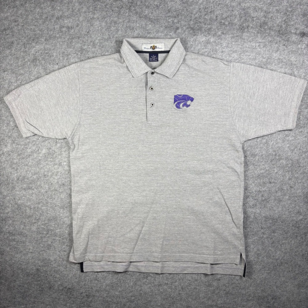 Vintage Kansas State Wildcats Polo Shirt Heather Grey K-State Powercat Large‎